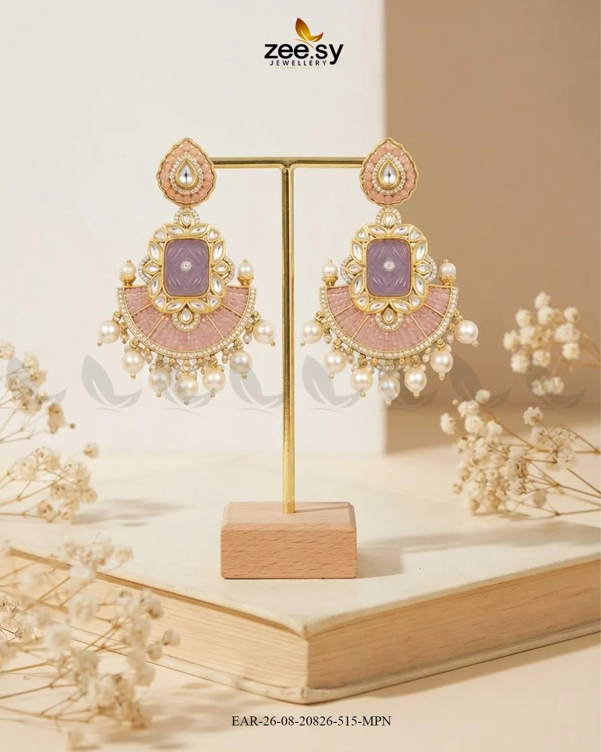 Ivory Carved Kundan Chandbalis Earrings
