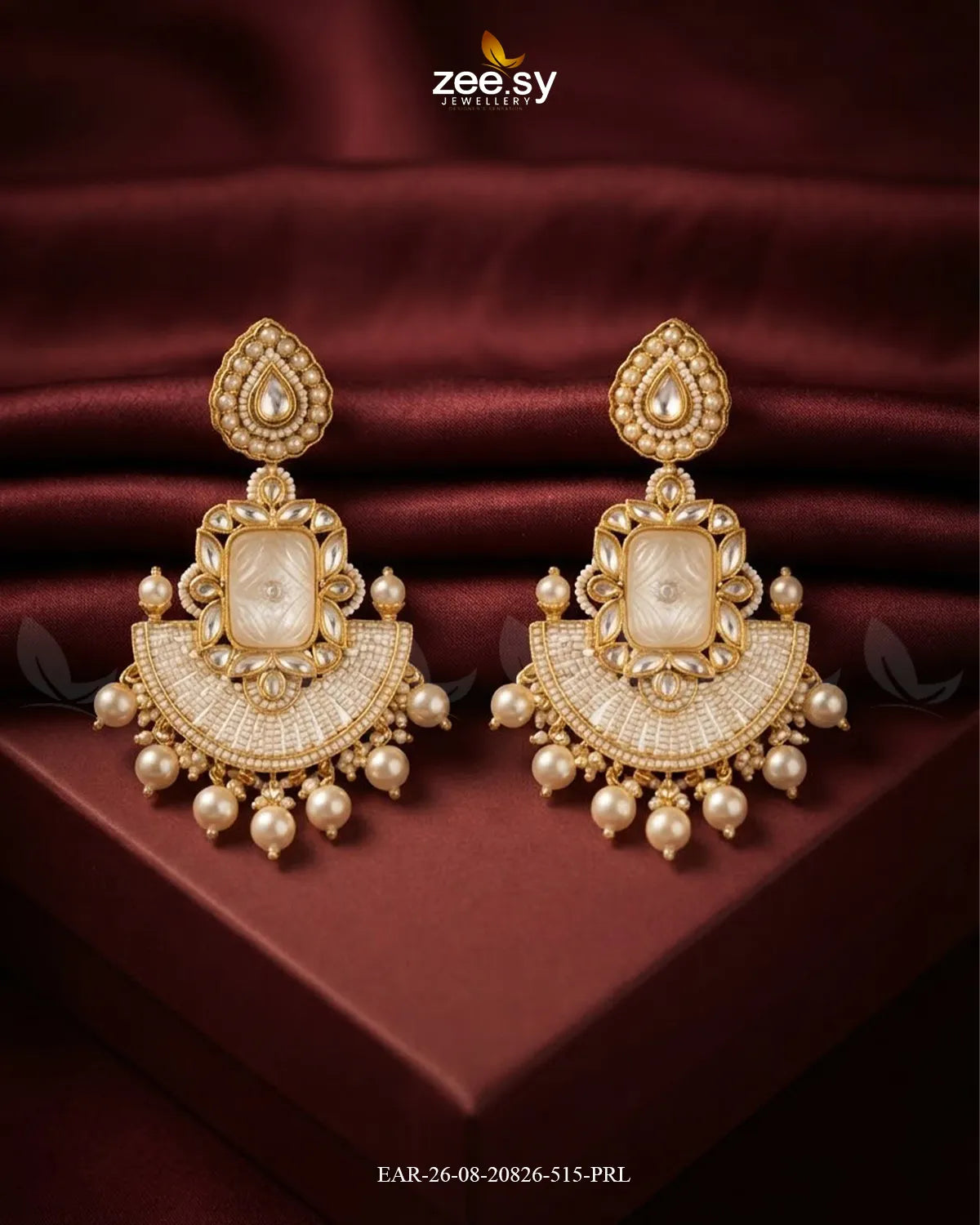 Ivory Carved Kundan Chandbalis Earrings
